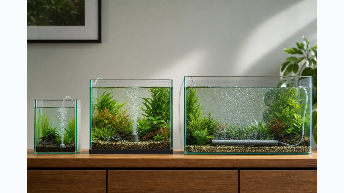 水槽サイズに合わせて小型、中型、大型のエアストーンを選ぶイメージ画像