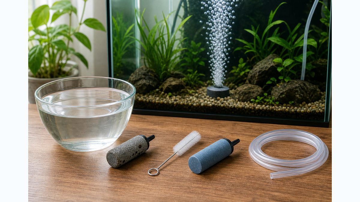 詰まったエアストーンを水とブラシで掃除し交換品と比べるメンテナンス画像
