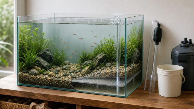 底面プレートの断面が見える水草水槽と揚水管、掃除道具