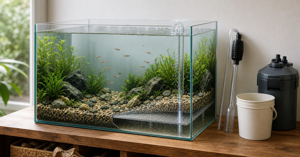 底面プレートの断面が見える水草水槽と揚水管、掃除道具