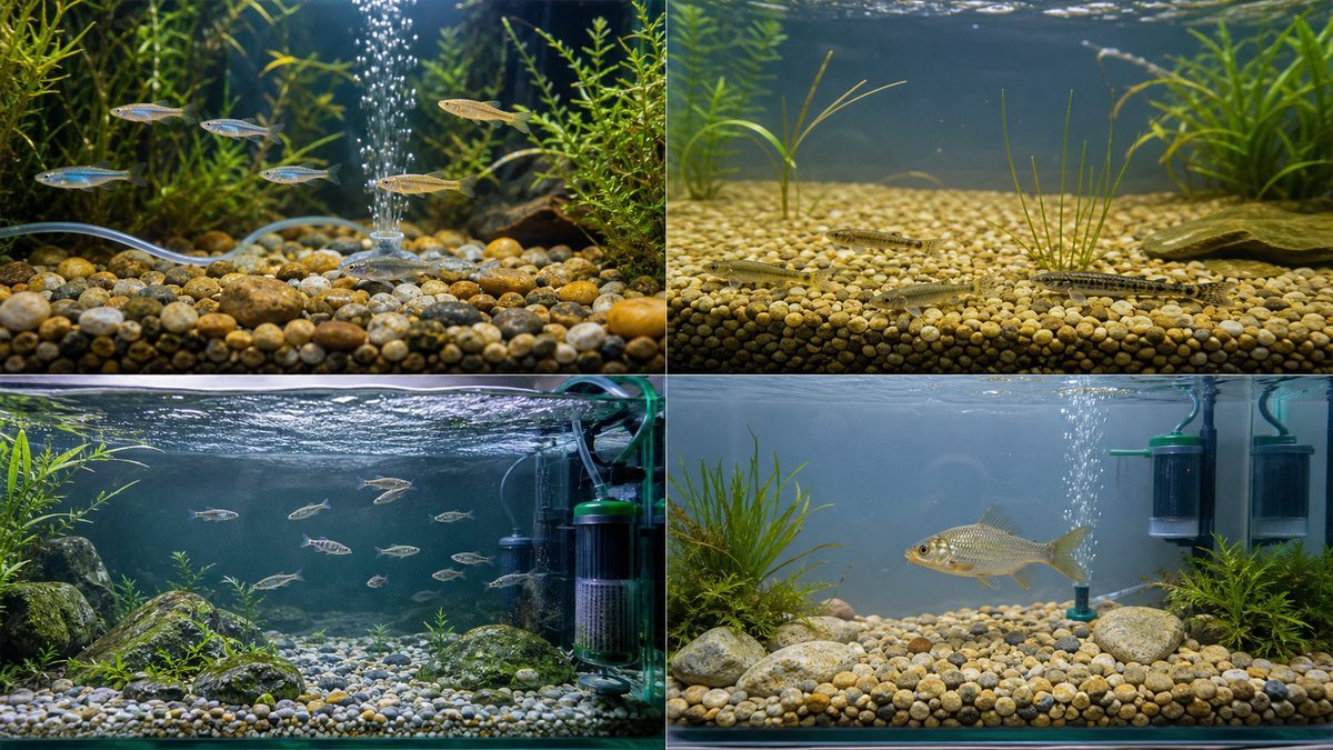 小型の日淡魚、ドジョウ類、流水性の魚、フナ類に合わせた四つの水槽