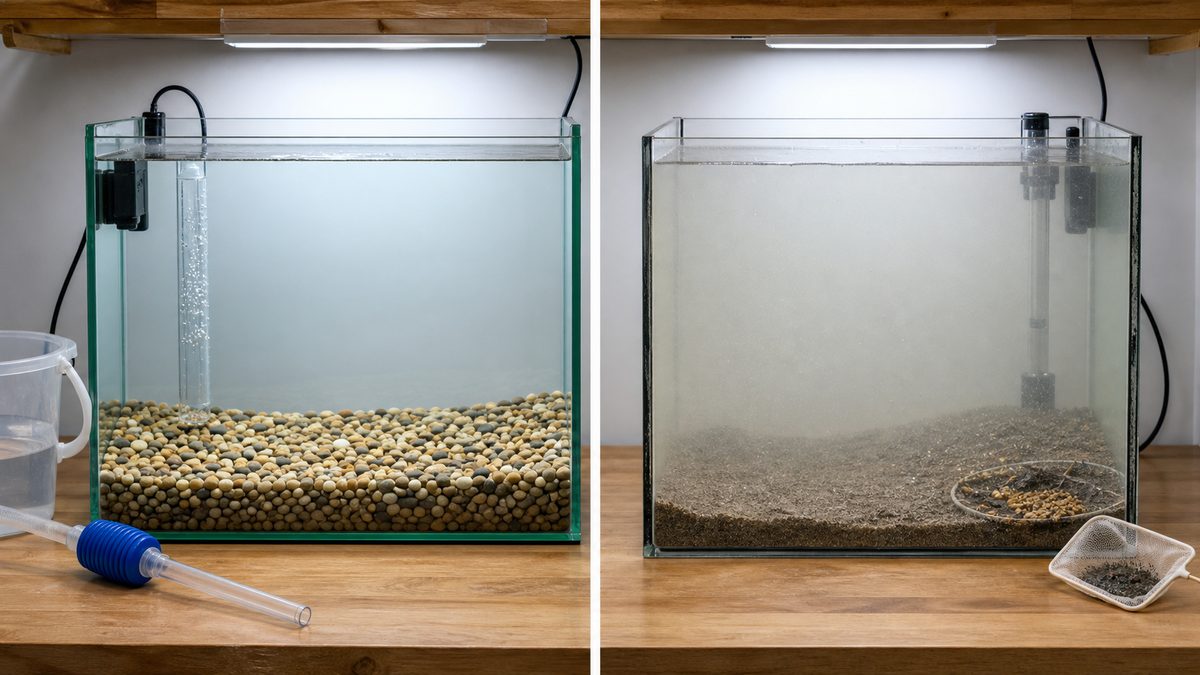 洗浄済み中粒砂利の透明な水槽と、細かい底砂で白く濁った水槽の比較