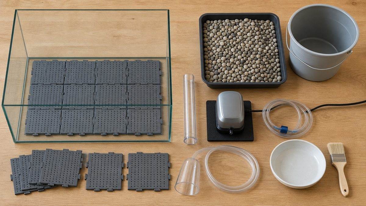 水槽底面に収まるプレート、底砂、エアポンプ、逆止弁、掃除道具の配置