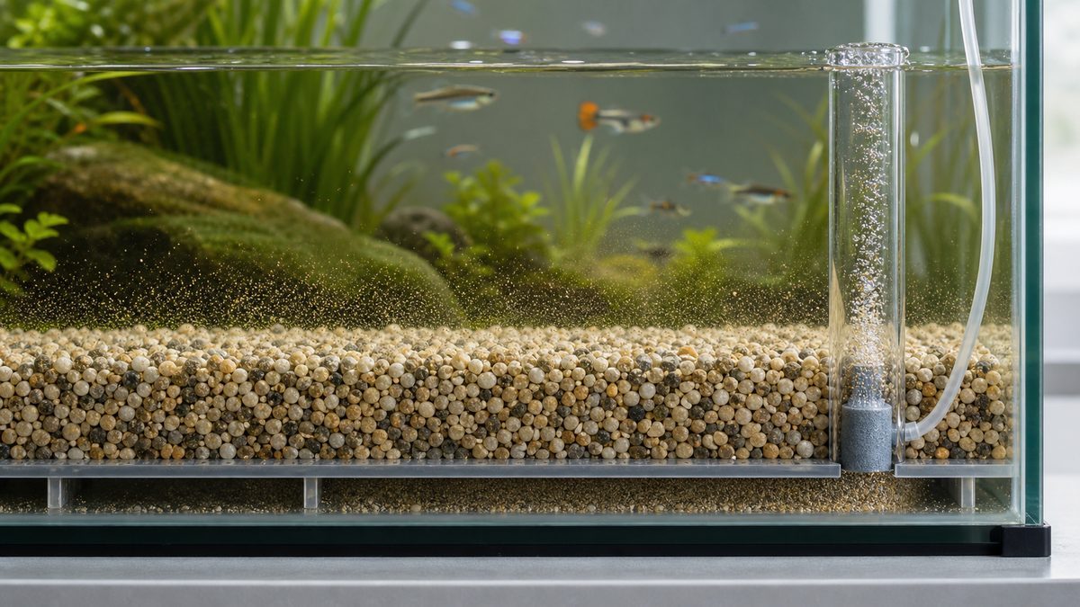 底砂、底面プレート、プレナム、気泡が上がる揚水管を見せた水槽断面