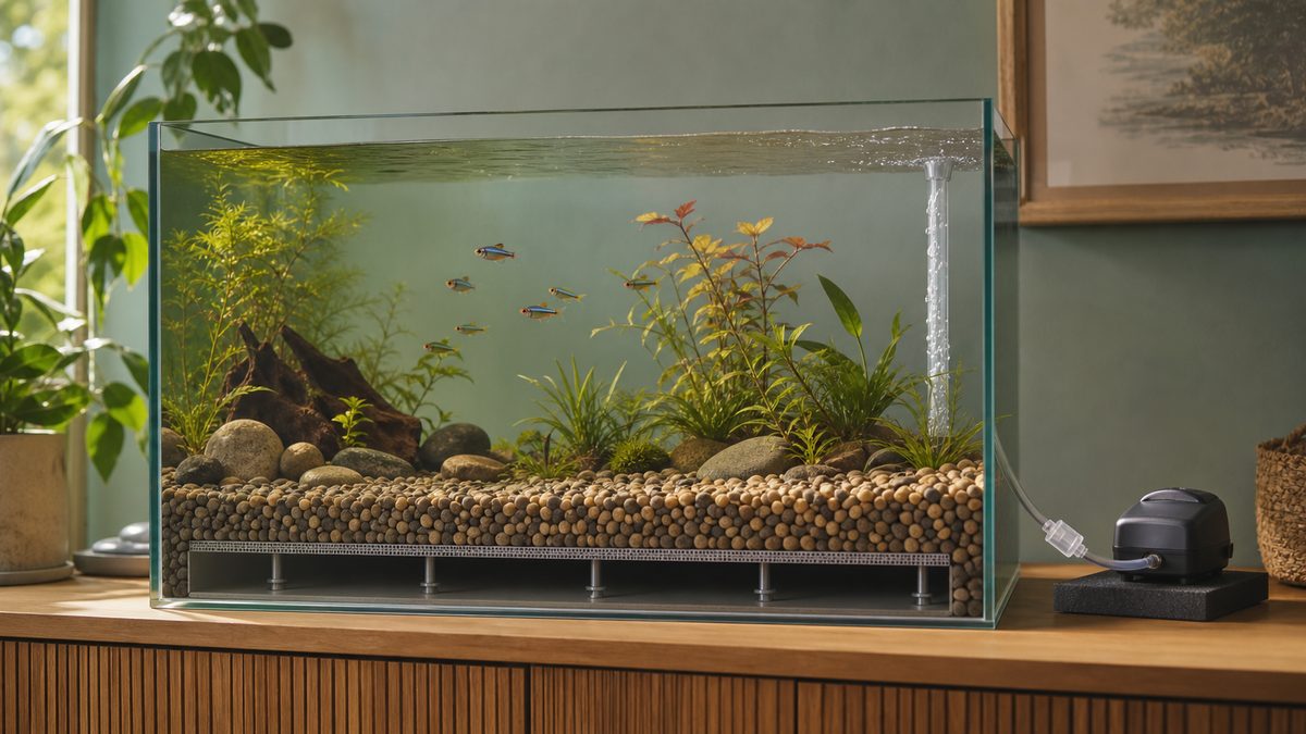 底砂全体の下に一枚のプレートを敷き、揚水管一本で動く水草水槽