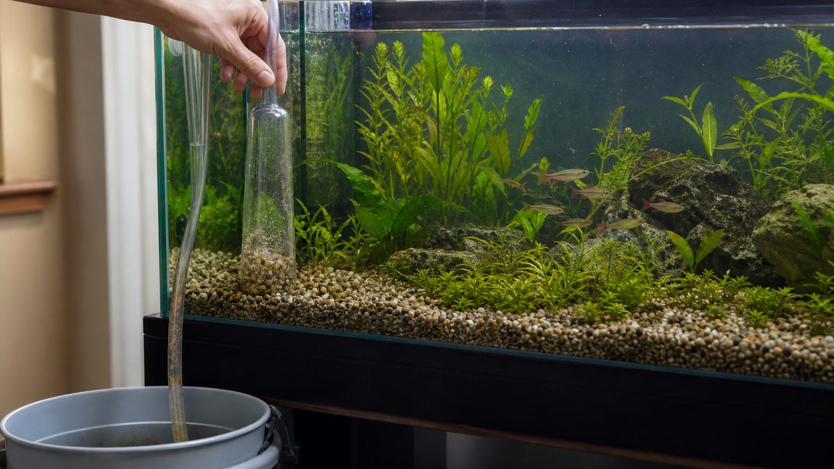水槽の左側だけをグラベルクリーナーで吸い、汚水を下のバケツへ送る掃除