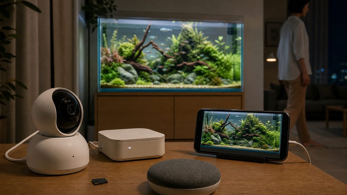 水槽のライブ映像と録画保存と音声機能を確認する監視カメラ機器