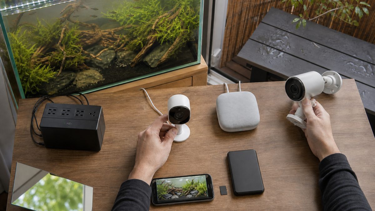 屋内外カメラとWi-Fiと録画保存と停電対策を比べる水槽監視の作業台