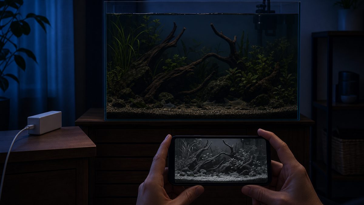 暗い水槽を反射なしで撮りスマホに鮮明な白黒映像を表示する夜間監視