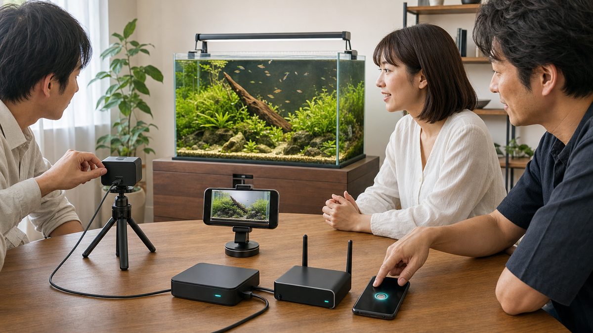 家族で水槽だけを撮る範囲と指紋認証と保存機器を確認する場面