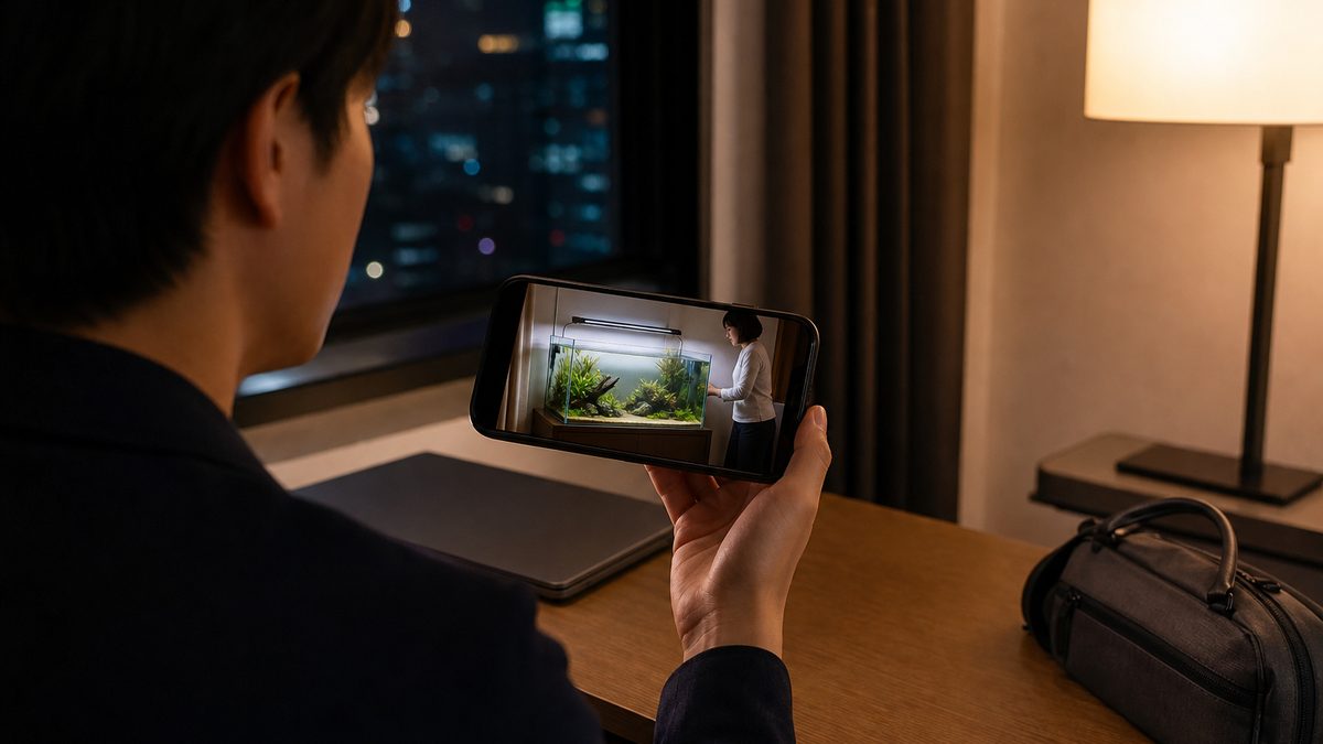 外出先のスマホから水槽と現地の世話人を落ち着いて確認する飼育者