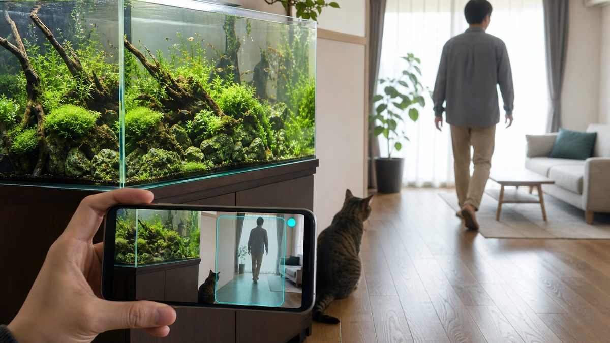 水槽内の魚を除外し床を歩く人だけをスマホの検知範囲に設定した場面