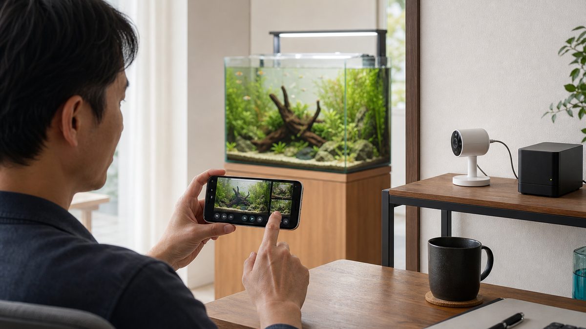 スマホの複数映像から水槽を遠隔確認しカメラを操作する飼育者