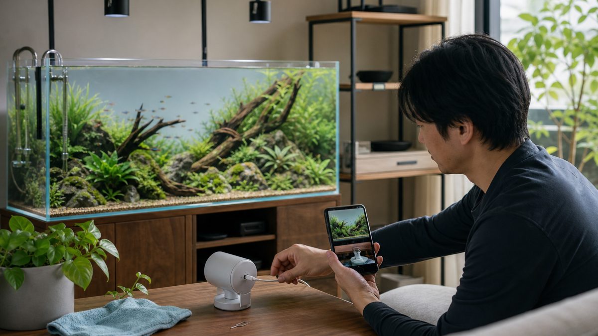 電源プラグとルーター位置とレンズ清掃を確認して水槽映像を復旧する場面