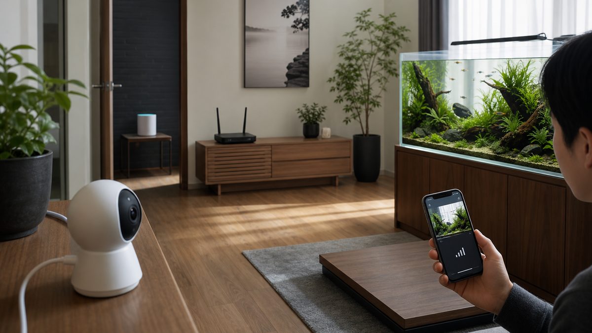 水槽を撮るカメラと中央のルーターと別室のメッシュ機器をスマホで確認する場面