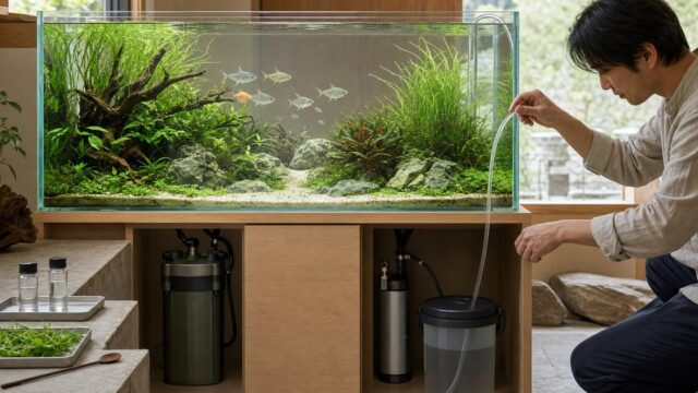 水草水槽で硝酸塩を測定し部分換水と外部脱窒設備を管理する様子