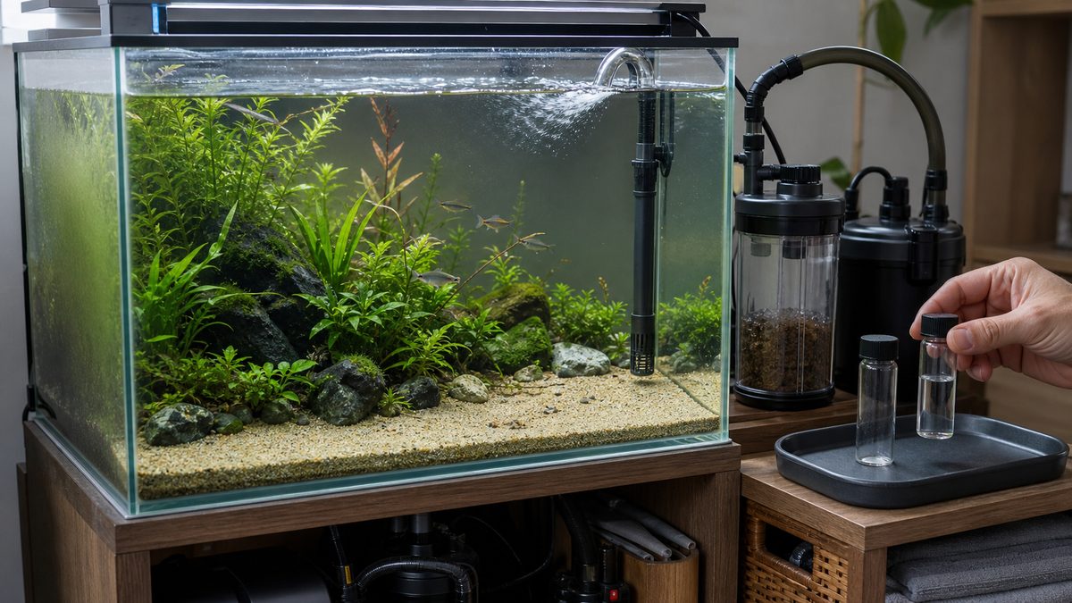 水槽内の汚れを捕集するプレフィルターと硝酸塩測定用の水サンプル