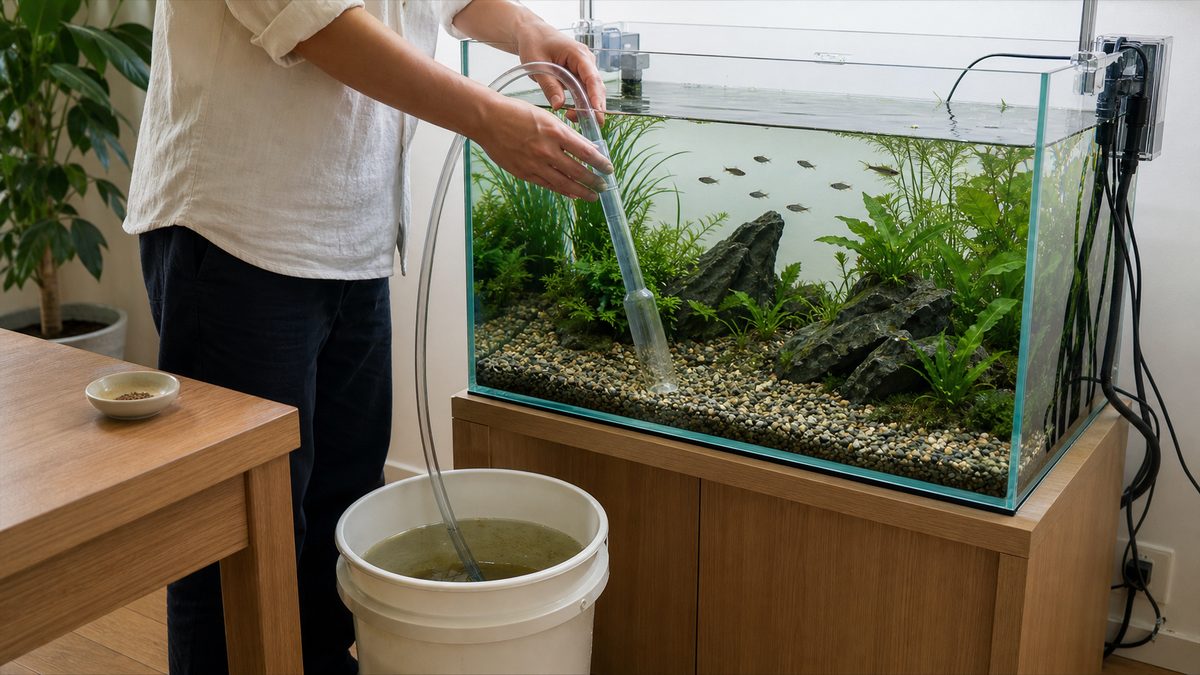 底床の汚れを吸い出しながら部分換水する淡水魚水槽