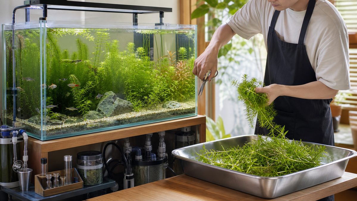 成長した水草をトリミングして水槽外へ取り出す管理作業