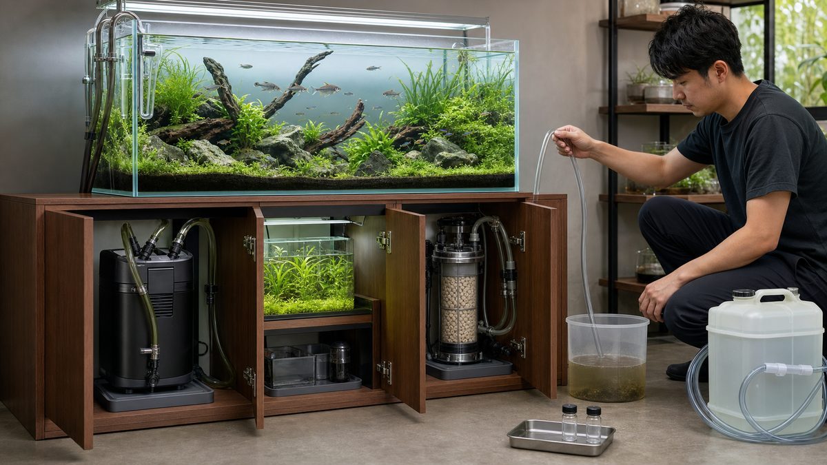 好気性ろ過と水草槽と外部脱窒リアクターを備え部分換水を続ける水槽