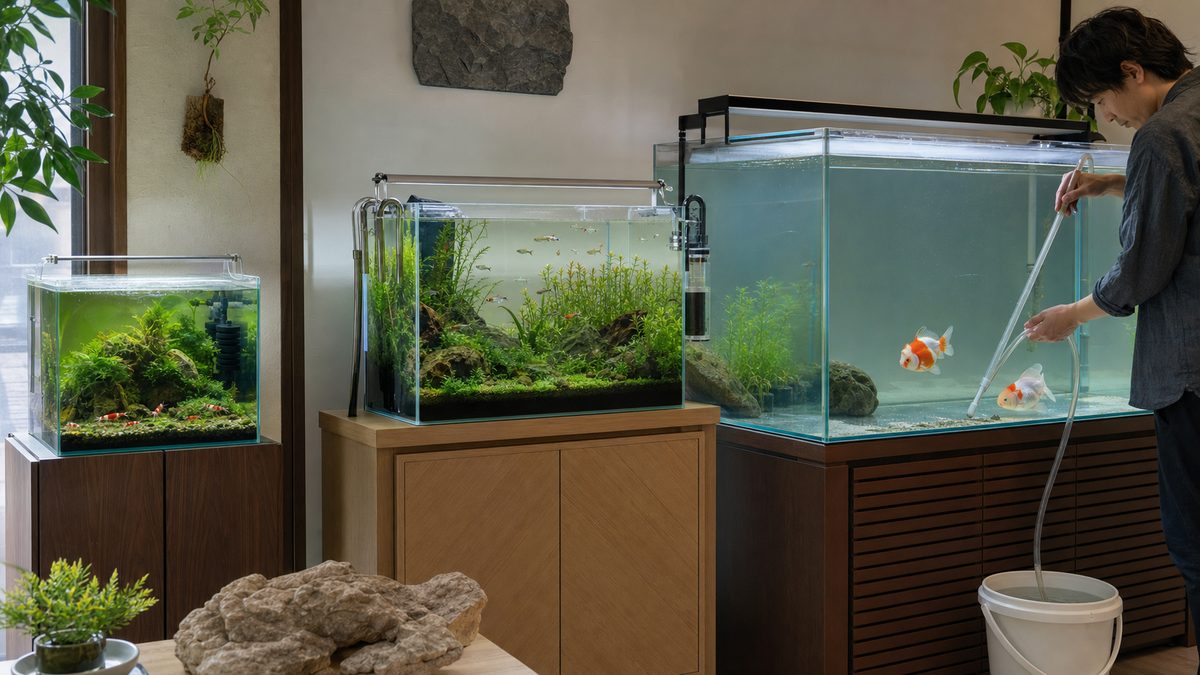 エビの小型水槽と水草のコミュニティ水槽と金魚水槽を別々に管理する様子