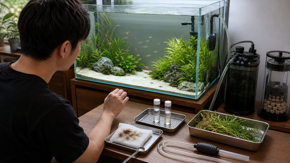飼育水と換水用水のサンプルやフィルター汚れを確認する硝酸塩原因調査