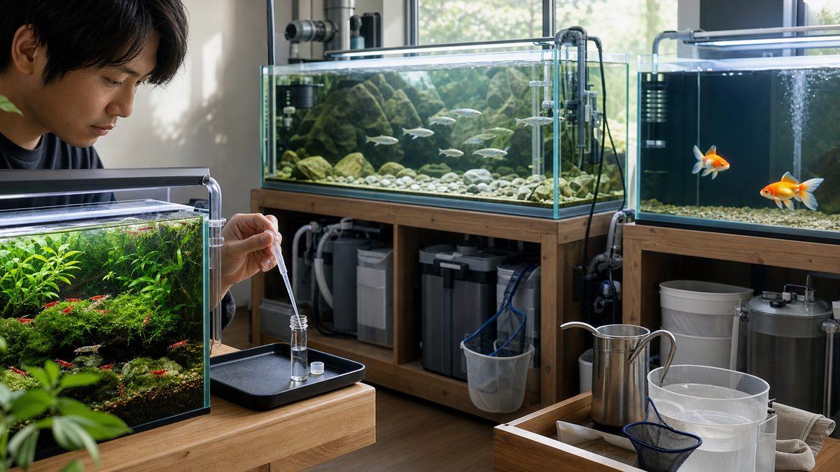 エビ水槽と日本淡水魚の流水水槽と金魚水槽を分けて水質確認する様子