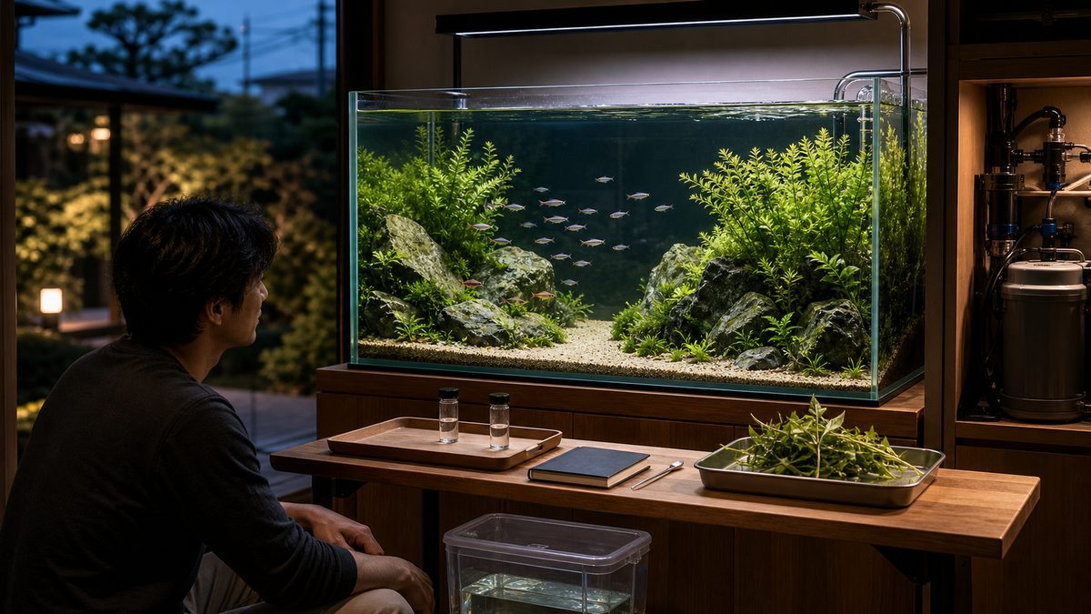 測定と水草除去と部分換水を終えた長期維持中の水草水槽