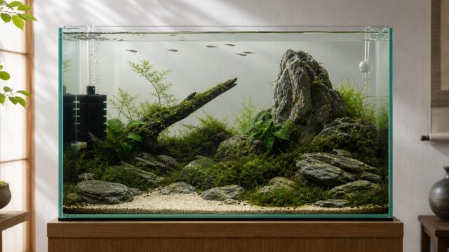 和風水槽レイアウト完全ガイドのアイキャッチ、石と苔と余白で作る侘び寂びの水景
