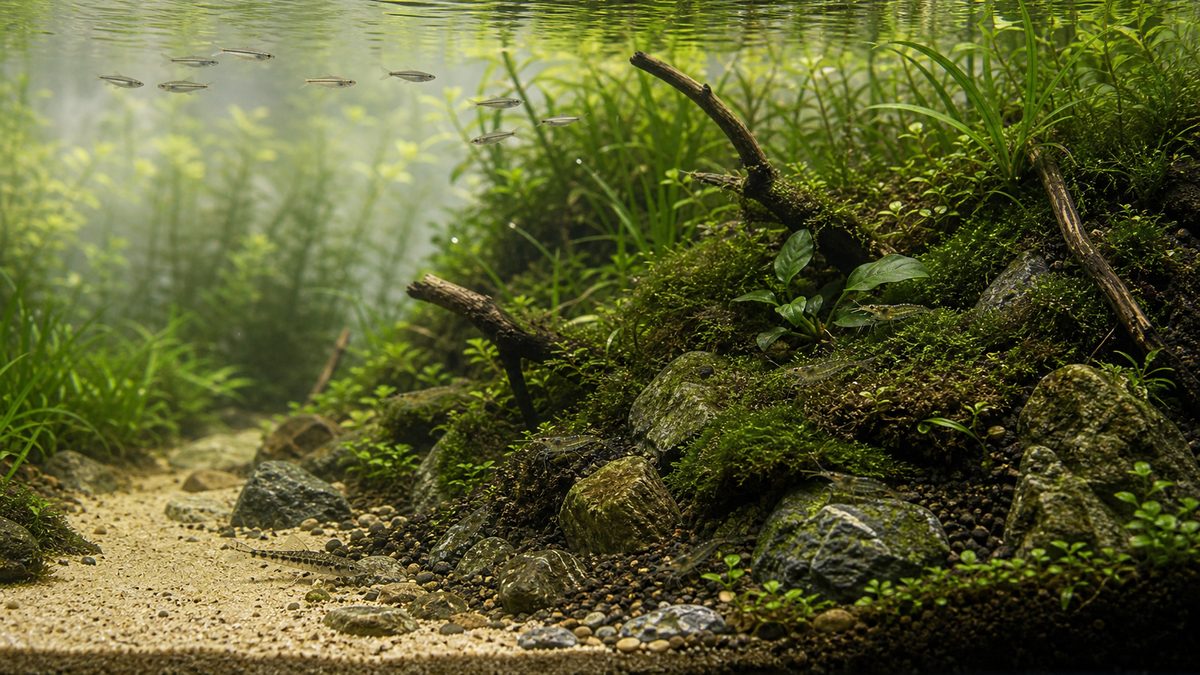 里山風レイアウトを示す勾配と石と水草で小川の雰囲気を作る水景