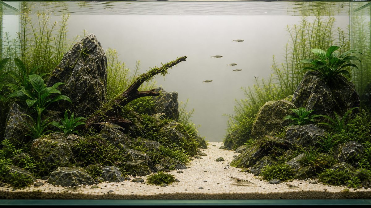 和風水槽レイアウトのまとめとして石と苔と余白で完成した水景