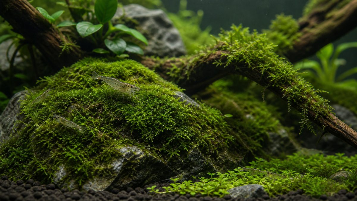苔の活用法を示すモスが石と流木を覆う和風アクアリウムの近景