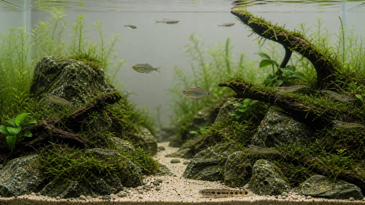 和風水槽に適した小型淡水魚が石と苔の水景に溶け込む様子