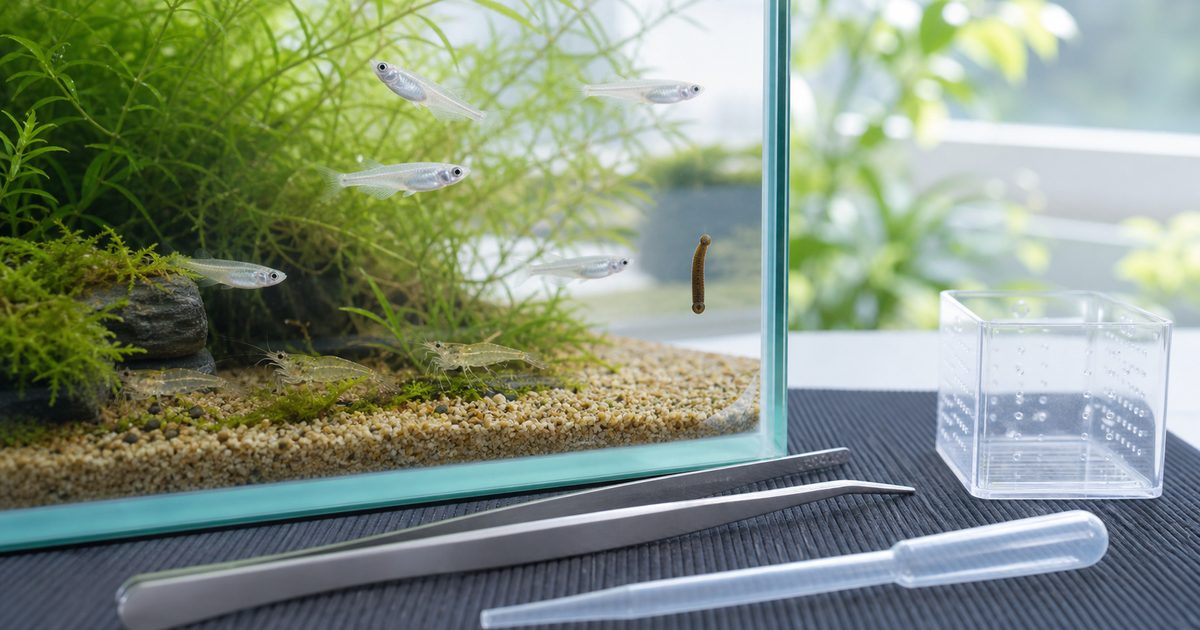 植栽したメダカ水槽のガラス面にいる小さなヒルとピンセットやスポイト
