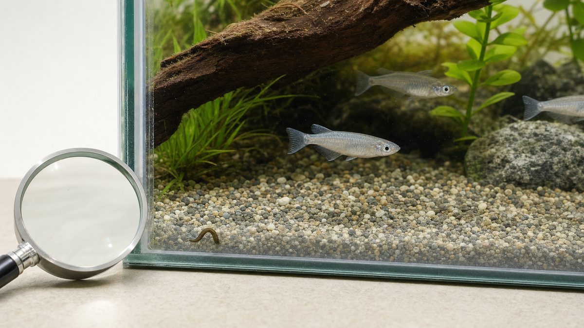 メダカ水槽の底近くで体を尺取り状に曲げる小さなヒルと観察用ルーペ