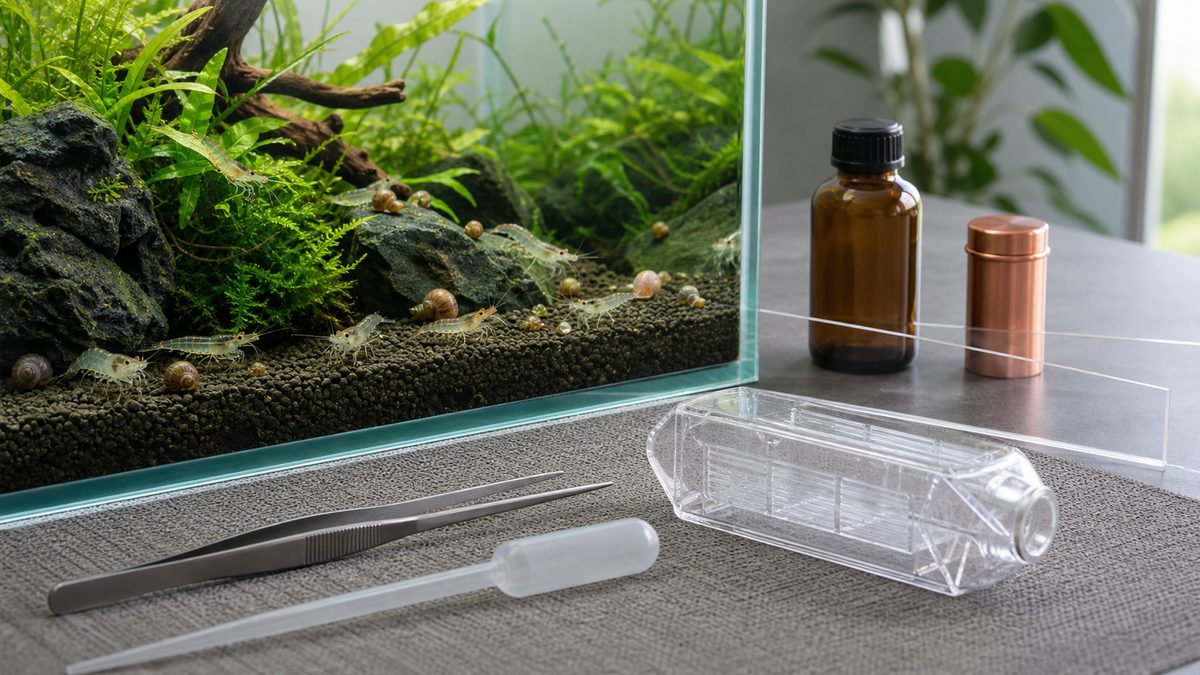 エビと小型貝の水槽前に並べたピンセット、スポイト、トラップと仕切りの奥の密閉薬剤