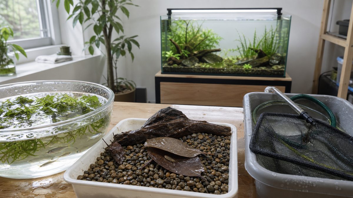 採集した水草とメダカ、湿った砂利や流木、使用済みの網とホースを分けた検疫台