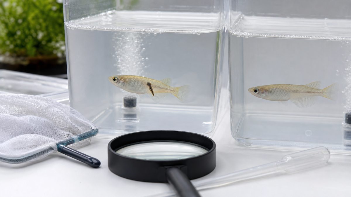 魚ヒルが体側に付いたメダカと隣の容器で泳ぐ健康なメダカの比較