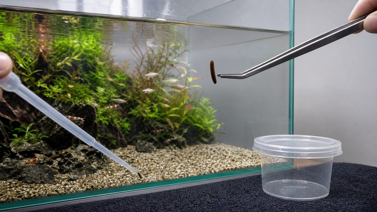 水槽ガラスのヒルをピンセットでつまみ底床のヒルをスポイトで吸い取る様子