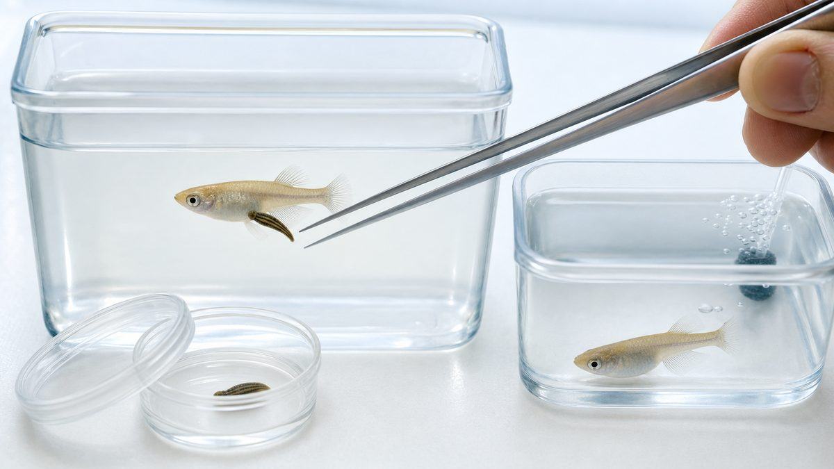 水中のメダカに付いた魚ヒルへ先丸ピンセットを平行に近づける処置と回復容器