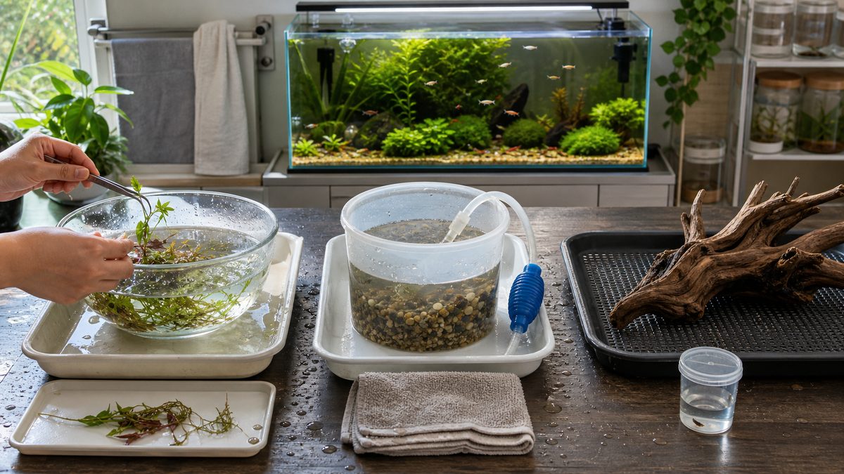 水草のすすぎ、砂利のサイフォン清掃、流木の乾燥を別々の作業域で行う様子