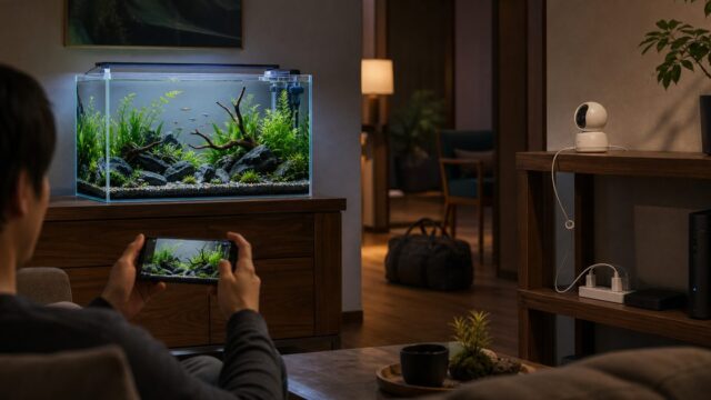 水草水槽を安全な場所の監視カメラとスマホで見守る早朝のリビング