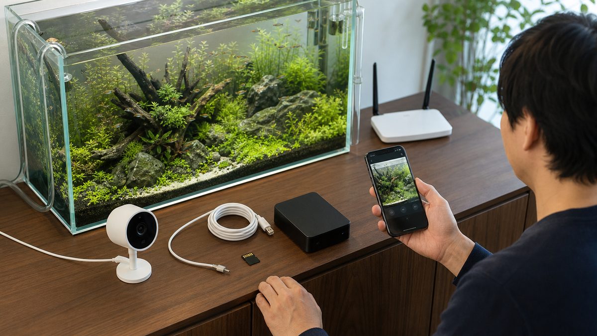 水槽監視に必要なカメラとスマホとルーターと保存機器をまとめた場面