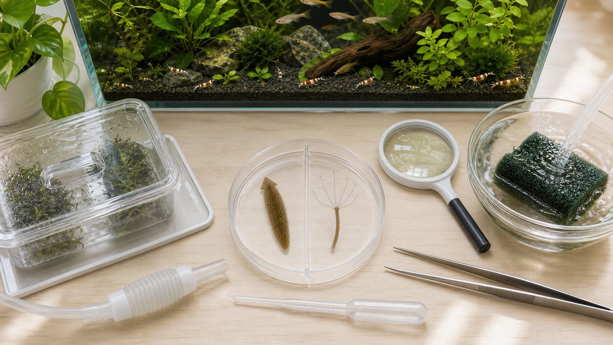 不快生物の観察皿、植物の隔離容器、スポイト、底床掃除、フィルター清掃を水槽前に並べた作業台
