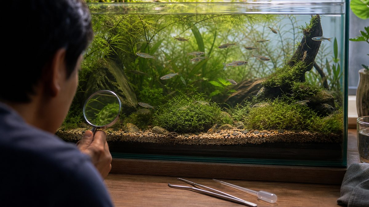 メダカとエビが暮らす成熟した水草水槽をルーペで観察しピンセットとスポイトを待機させた飼育者