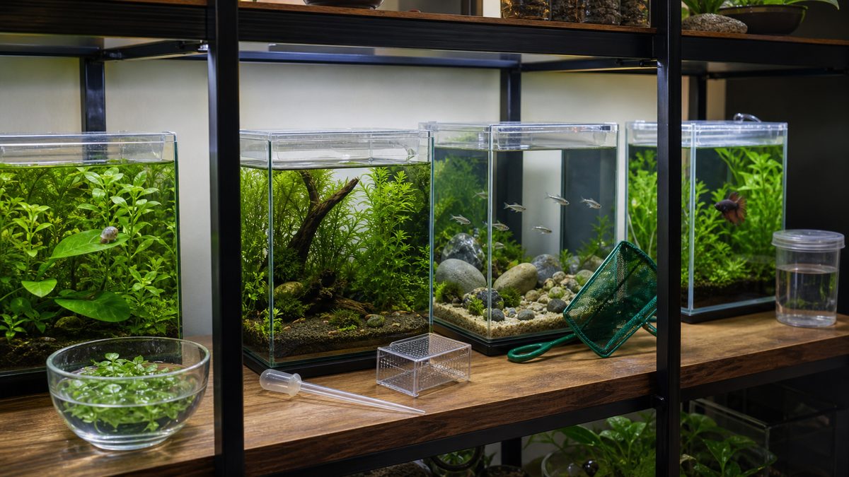 水草、エビ、メダカ、ベタの四水槽と植物検疫、スポイト、専用網、観察容器を棚で分けた様子