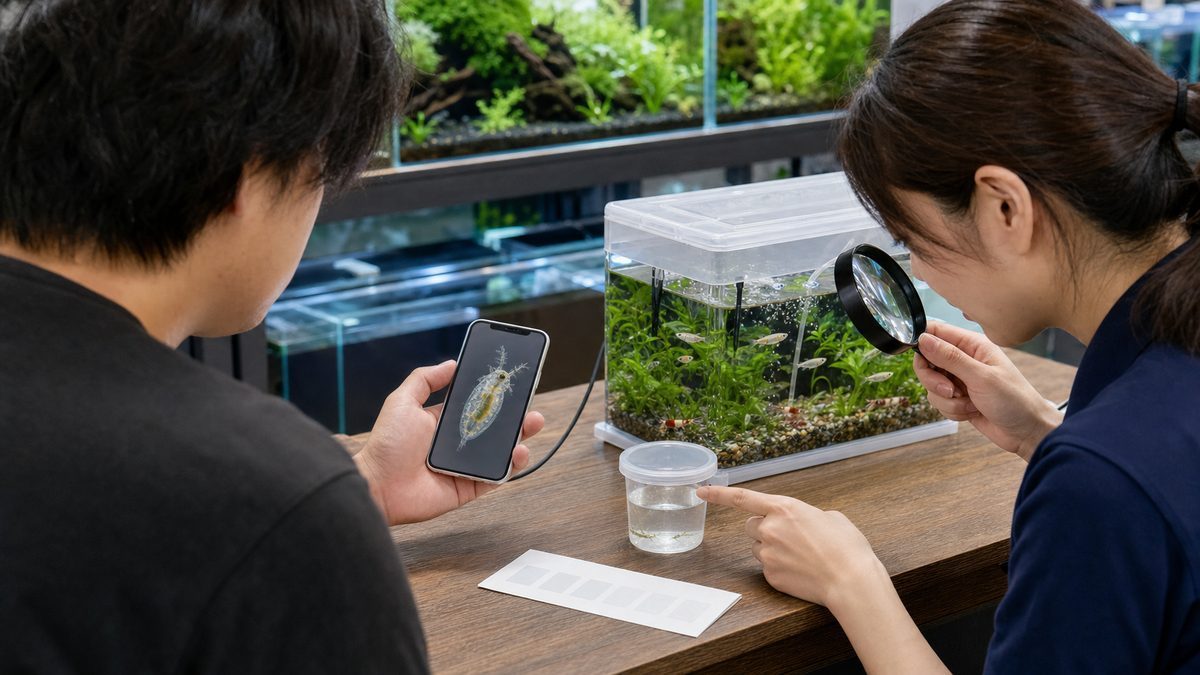 不快生物のスマホ写真と密閉検体、水質確認資料、隔離水槽を使って専門店スタッフへ相談する様子