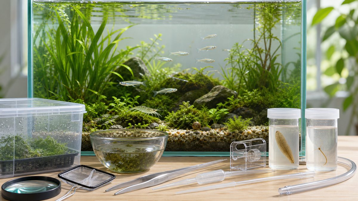 健康なメダカとエビの水草水槽、導入前の植物隔離、物理除去道具、分離したプラナリアとヒドラ