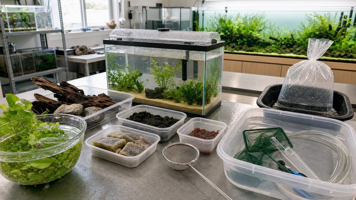 水草、流木と石、餌、共用器具、ショップの水を隔離水槽と本水槽から分けた検疫作業台