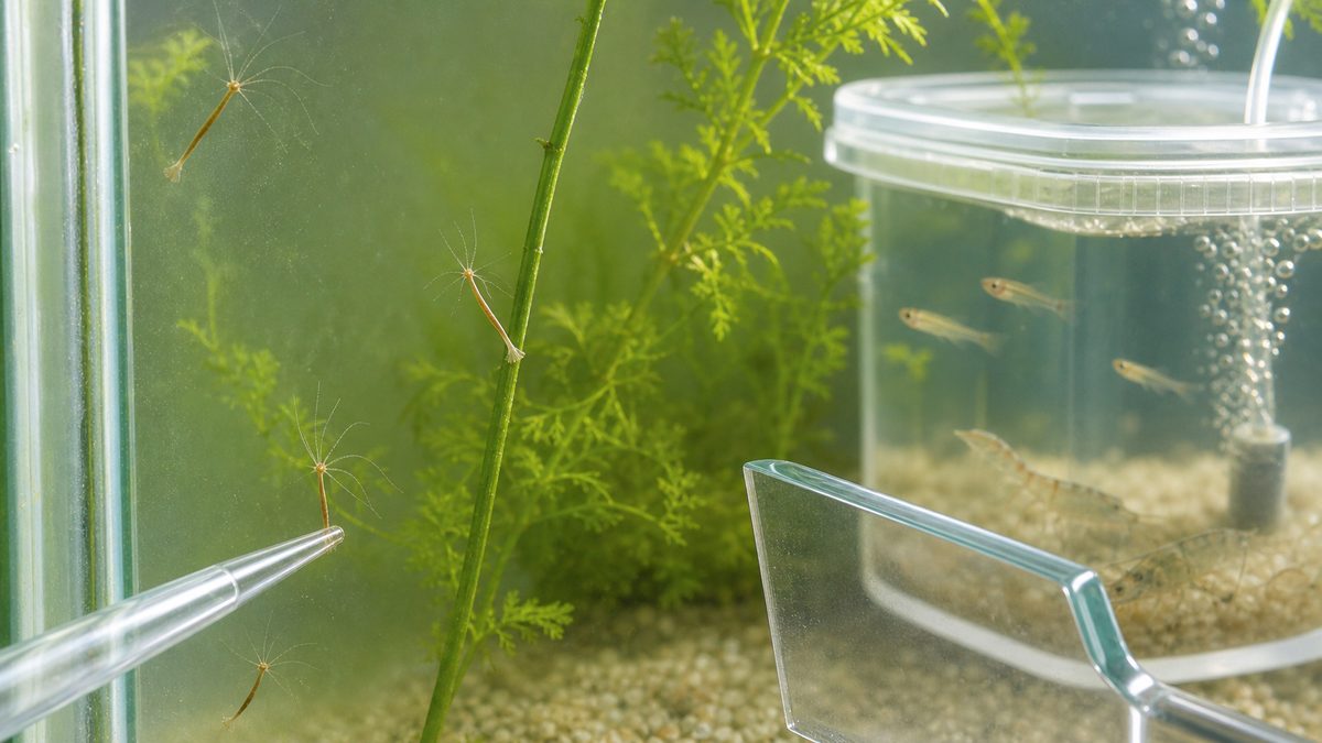 ガラスと水草に付着したヒドラをスポイトで吸引し稚魚と稚エビを別容器へ隔離した様子